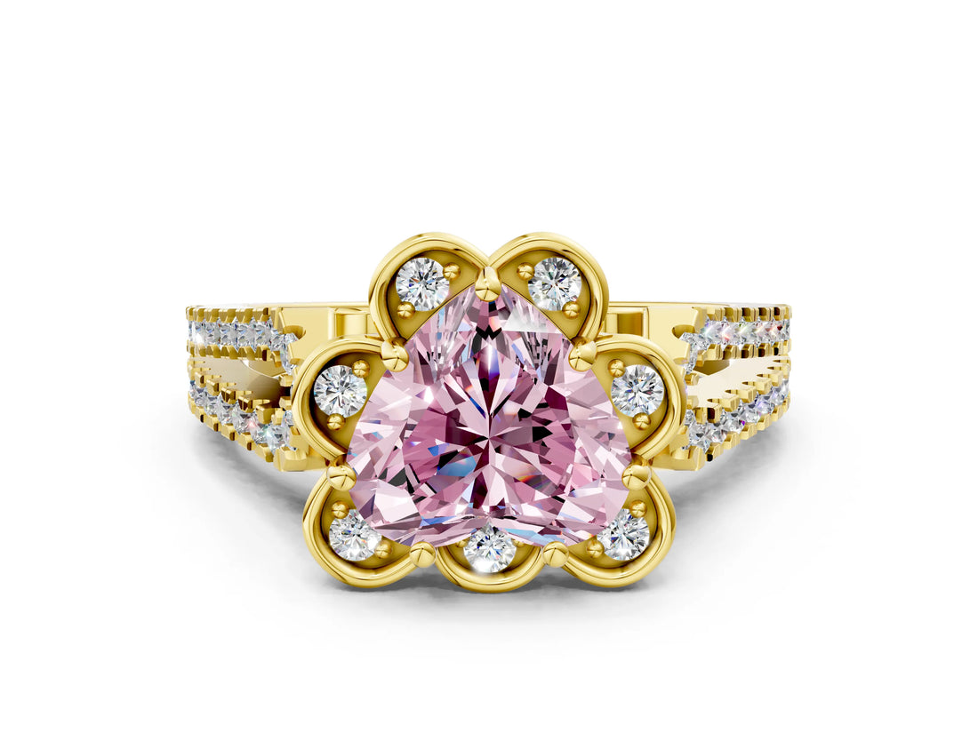 Yellow gold Fancy Pink Heart  Halo Diamond Floral Split Shank Engagement Ring 1