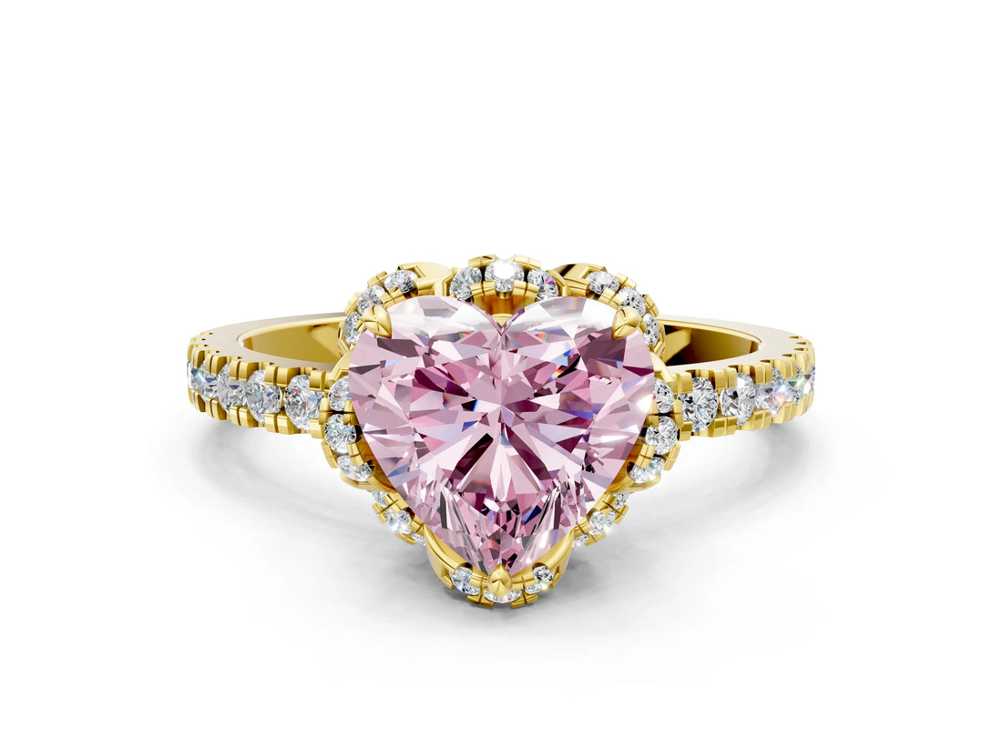 Yellow gold Fancy Pink Heart  Halo Diamond Pave Band Ring with Four-Prong Setting_15