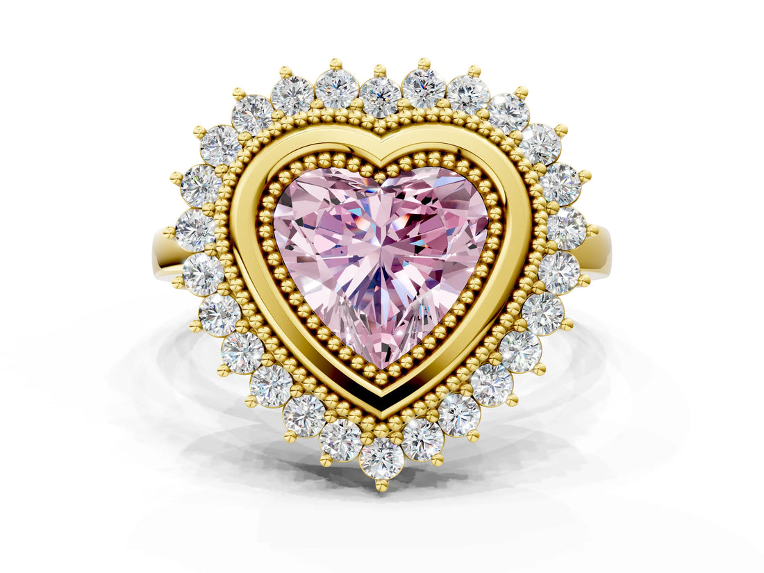 Yellow gold Fancy Pink Heart  Halo Diamond Ring with Milgrain Edge and Round Prong Setting_25