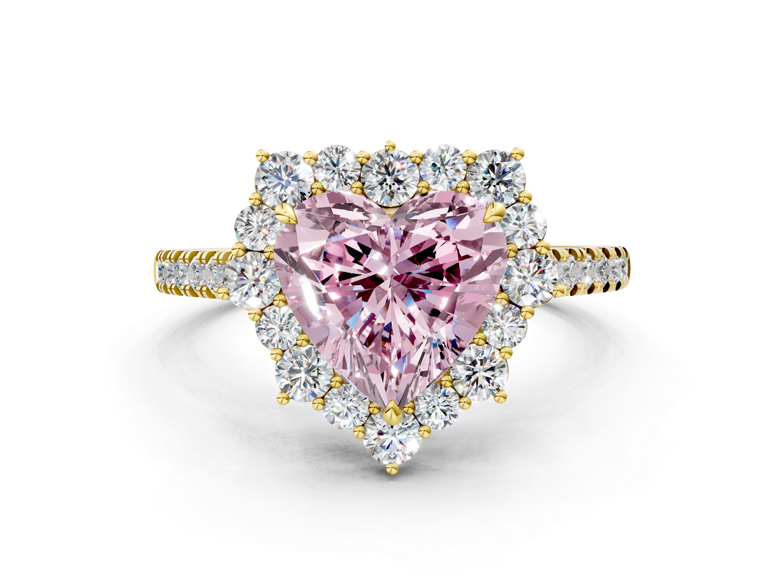 Yellow gold Fancy Pink Heart  Halo Diamond Ring with Pavé Band and Prong Setting_20