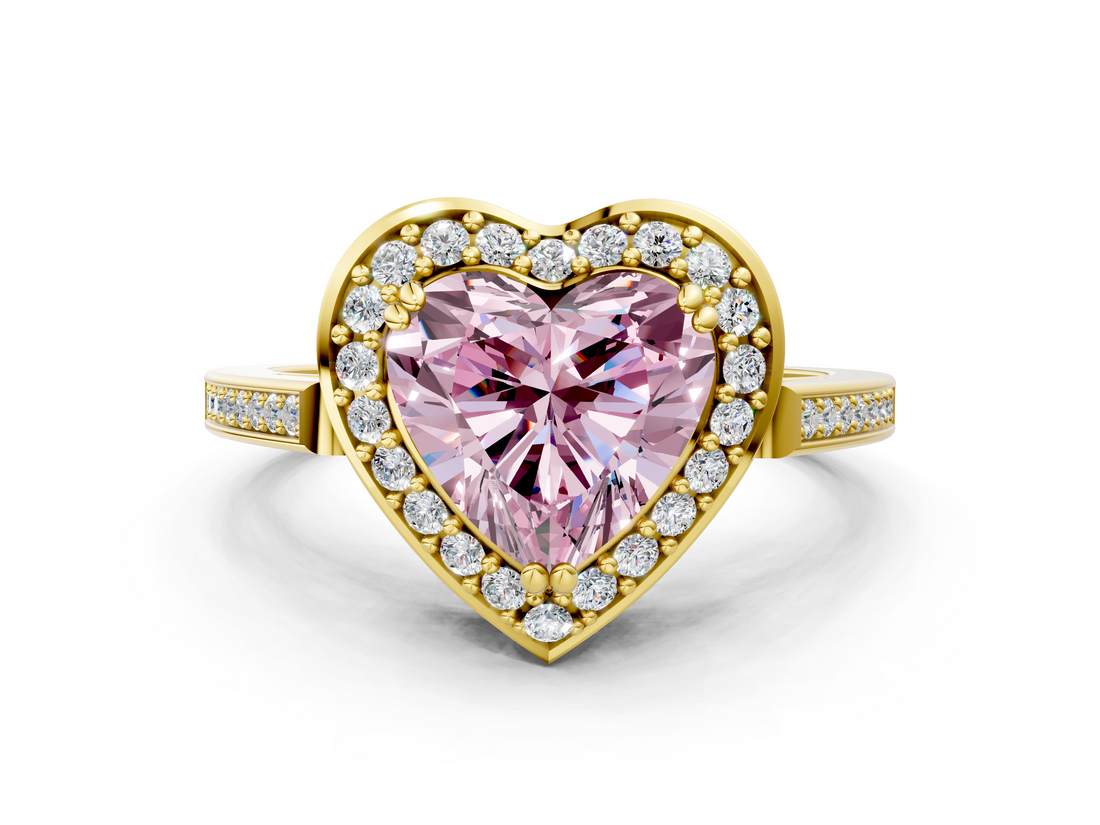 Yellow gold Fancy Pink Heart  Halo Diamond Ring with Split Shank and Four-Prong Setting_59