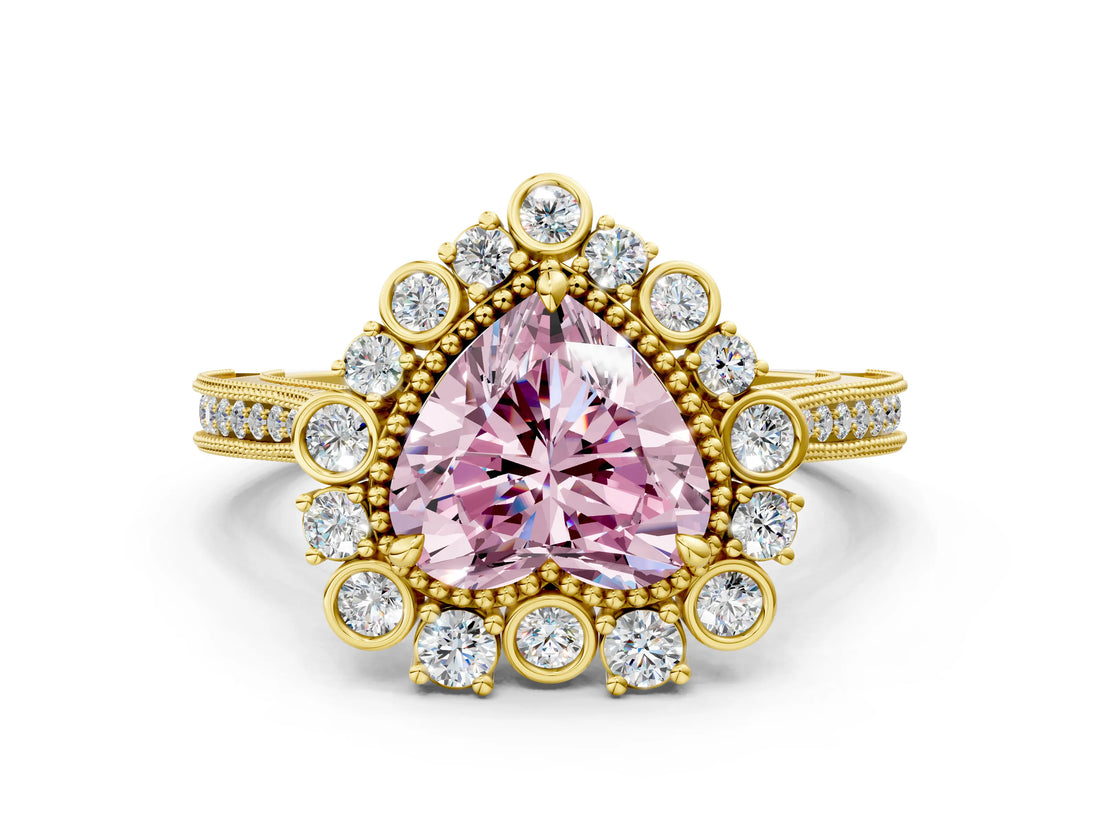 Yellow gold Fancy Pink Heart  Halo Milgrain Pave Diamond Ring with Four-Prong Setting 1