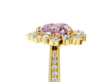 Yellow gold Fancy Pink Heart  Halo Milgrain Pave Diamond Ring with Four-Prong Setting
