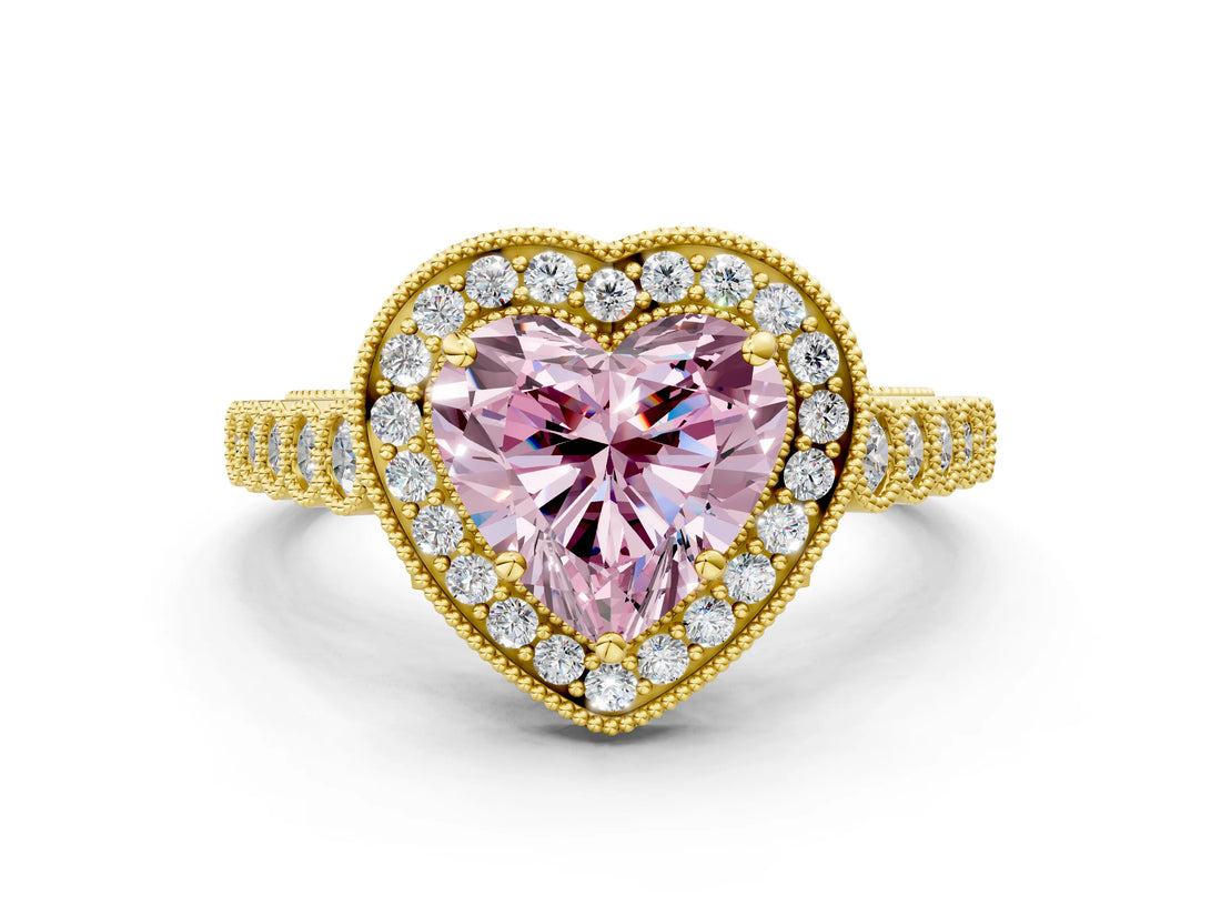 Yellow gold Fancy Pink Heart  Halo Milgrain Solitaire with Bezel Set Side Stones and Pave Band_32