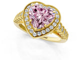 Yellow gold Fancy Pink Heart  Halo Milgrain Solitaire with Bezel Set Side Stones and Pave Band_33