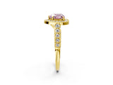 Yellow gold Fancy Pink Heart  Halo Milgrain Solitaire with Bezel Set Side Stones and Pave Band_34