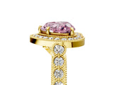 Yellow gold Fancy Pink Heart  Halo Milgrain Solitaire with Bezel Set Side Stones and Pave Band_37