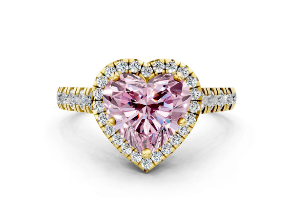 Yellow gold Fancy Pink Heart  Halo Pavé Diamond Engagement Ring with Four-Prong Setting