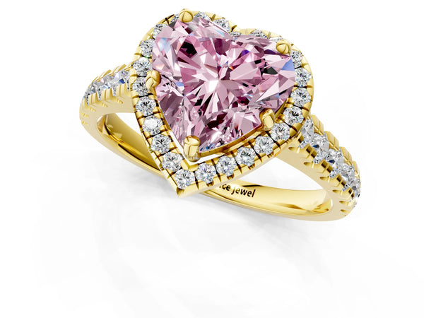 Yellow gold Fancy Pink Heart  Halo Pavé Diamond Engagement Ring with Four-Prong Setting