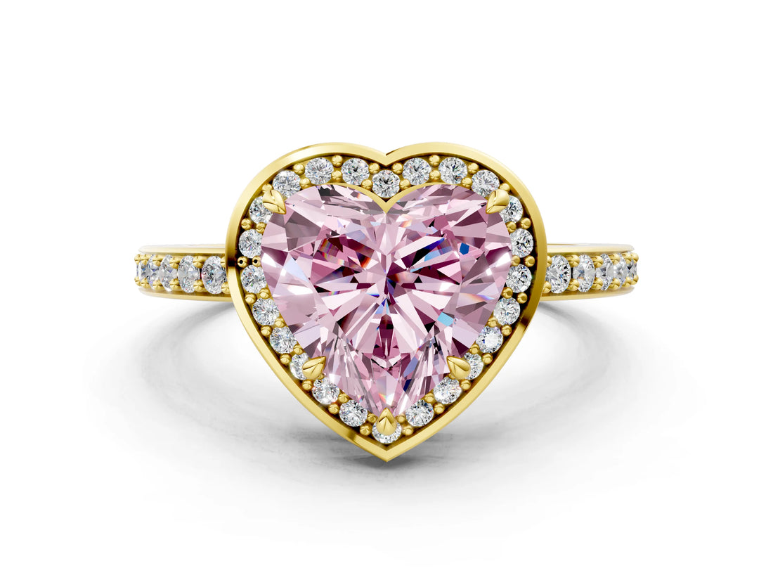 Yellow gold Fancy Pink Heart  Halo Pave Band Solitaire Ring with Prong Setting_66