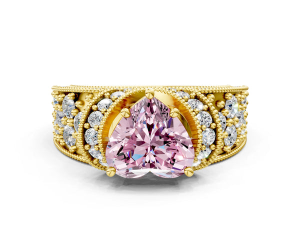 Yellow gold Fancy Pink Heart  Halo Pave Diamond Engagement Ring with Milgrain Detailing