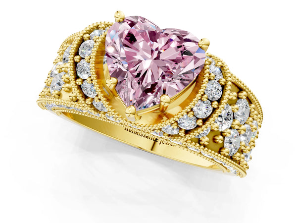 Yellow gold Fancy Pink Heart  Halo Pave Diamond Engagement Ring with Milgrain Detailing