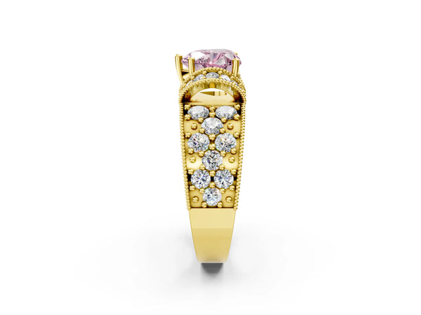 Yellow gold Fancy Pink Heart  Halo Pave Diamond Engagement Ring with Milgrain Detailing
