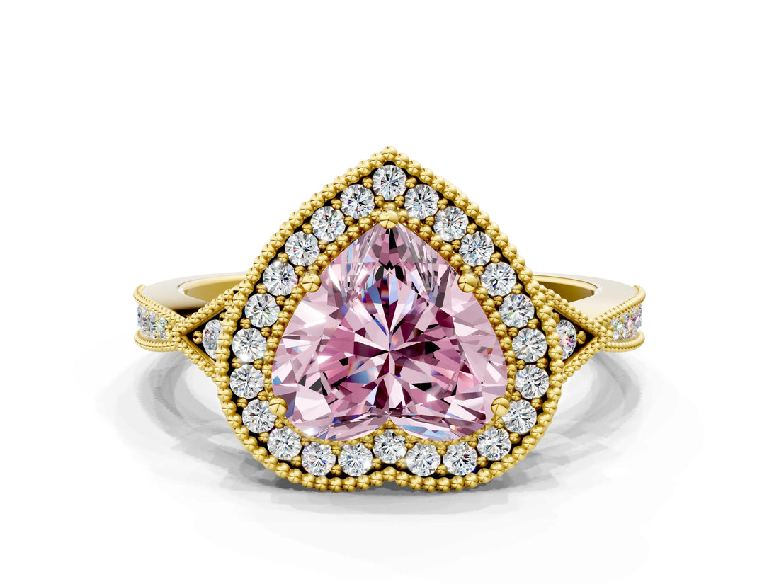 Yellow gold Fancy Pink Heart  Halo Round Diamond Milgrain Pave Engagement Ring_3
