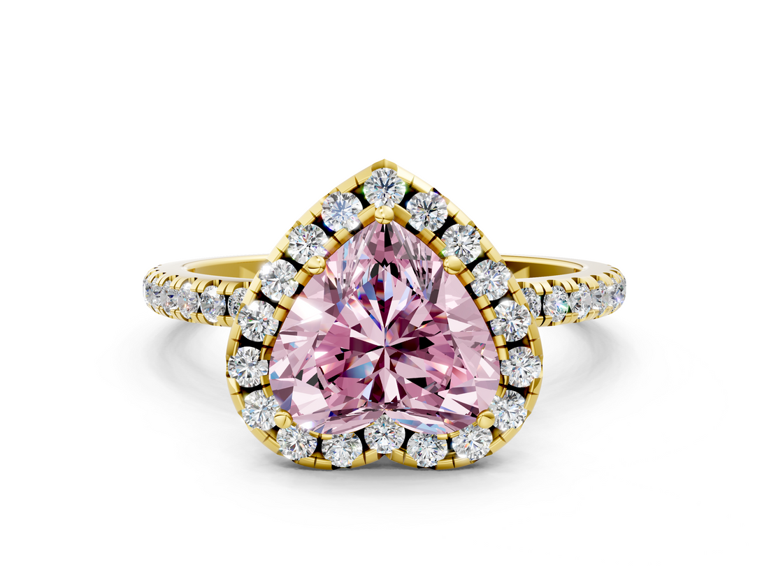 Yellow gold Fancy Pink Heart  Halo Round Diamond Pavé Band Four-Prong Ring_3