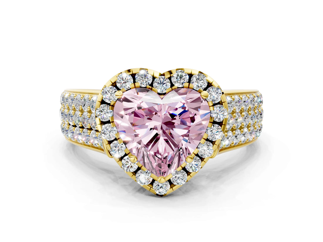 Yellow gold Fancy Pink Heart  Halo Round Diamond Pave Band with Prong Setting 1