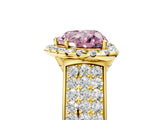 Yellow gold Fancy Pink Heart  Halo Round Diamond Pave Band with Prong Setting