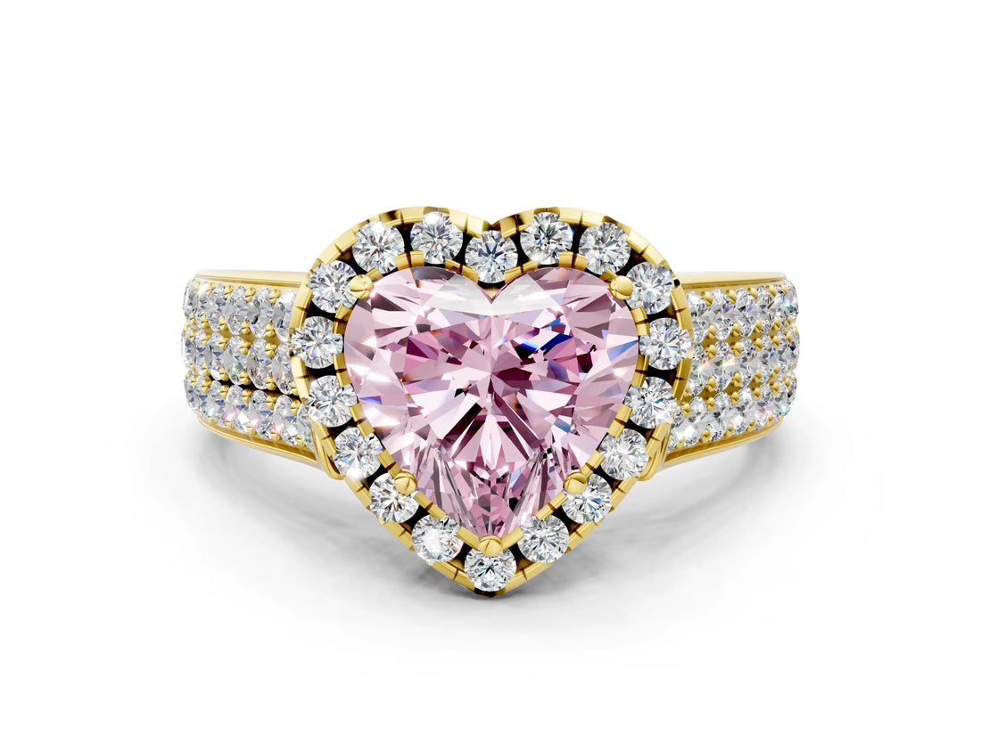 Yellow gold Fancy Pink Heart  Halo Round Diamond Pave Band with Prong Setting_12