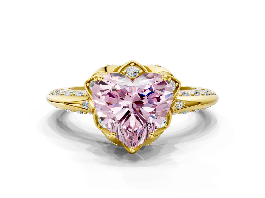 Yellow gold Fancy Pink Heart  Halo Split Shank Pave Diamond Ring with Petal Prong Setting_19