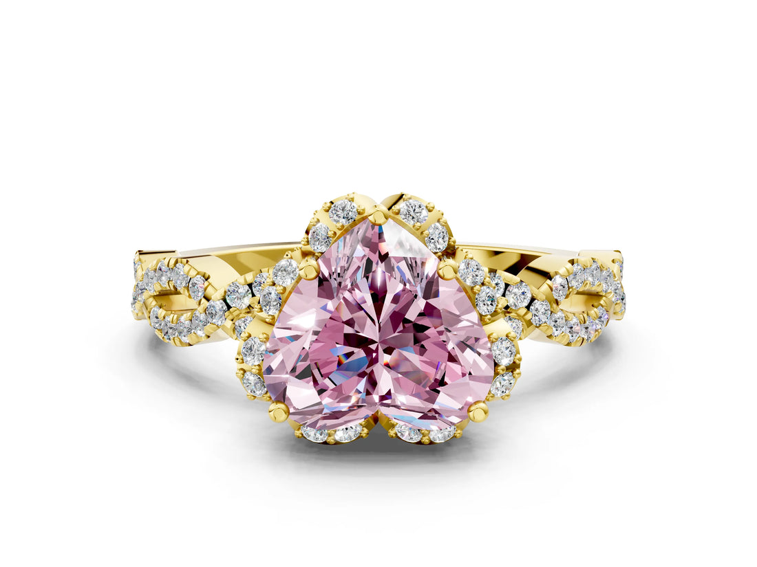 Yellow gold Fancy Pink Heart  Halo Twist Band Solitaire Ring with Six-Prong Setting_32