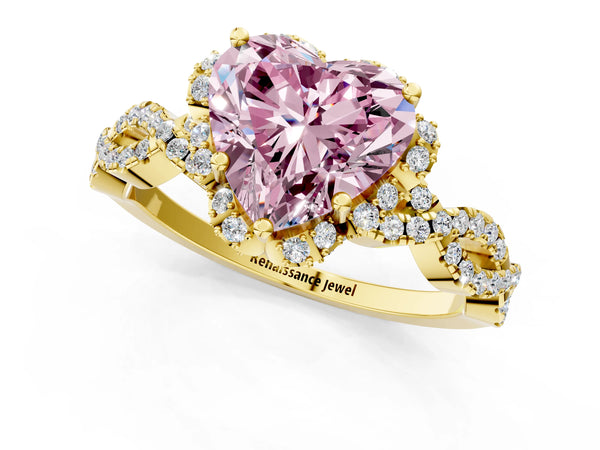 Yellow gold Fancy Pink Heart  Halo Twist Band Solitaire Ring with Six-Prong Setting