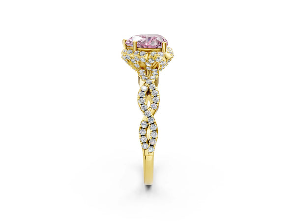 Yellow gold Fancy Pink Heart  Halo Twist Band Solitaire Ring with Six-Prong Setting