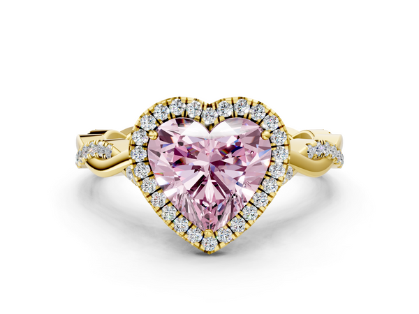 Yellow gold Fancy Pink Heart  Halo Twist Band Solitaire Ring