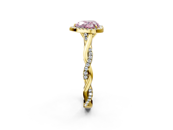 Yellow gold Fancy Pink Heart  Halo Twist Band Solitaire Ring