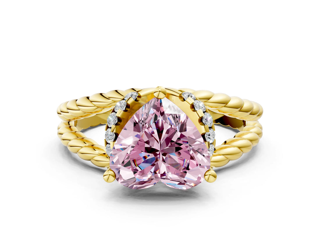 Yellow gold Fancy Pink Heart  Halo Twisted Band Four-Prong Ring_32