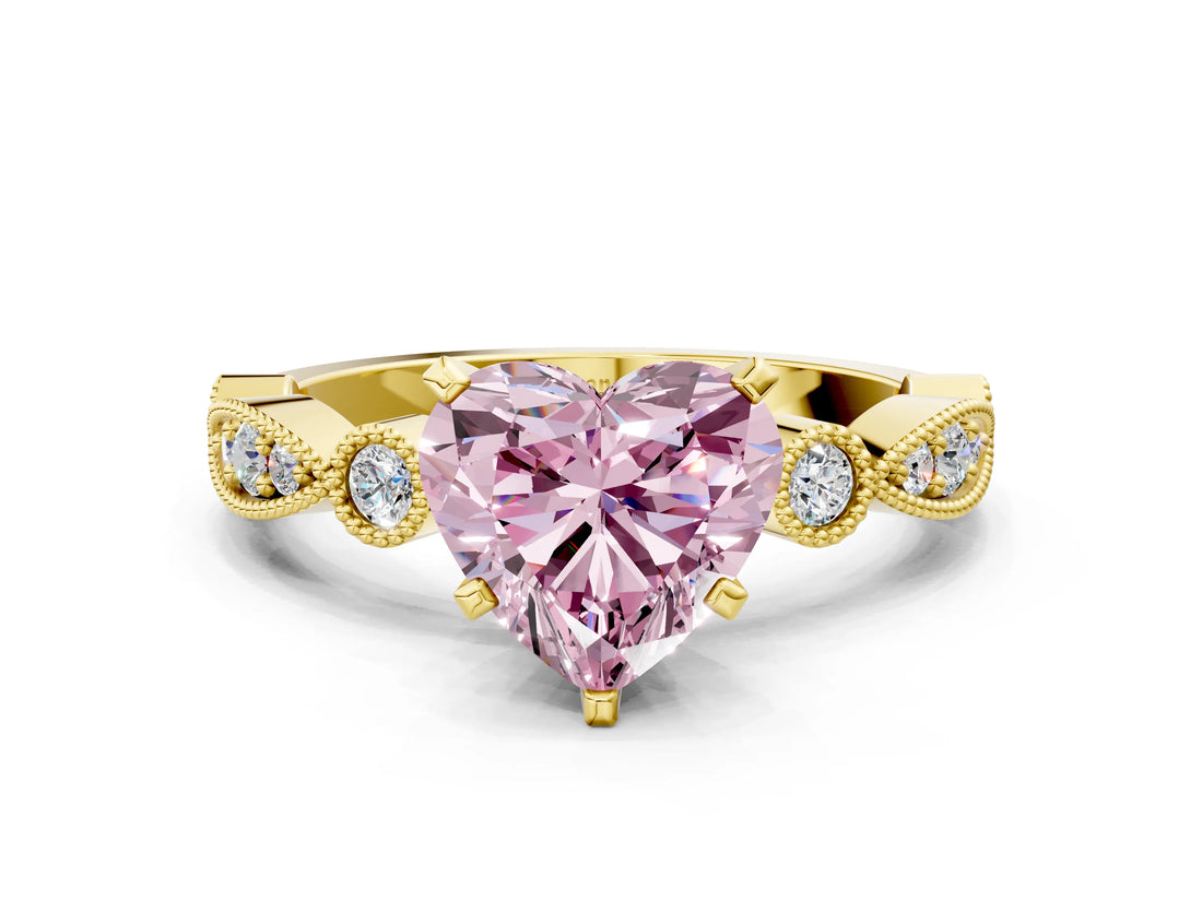 Yellow gold Fancy Pink Heart  Milgrain Bezel Diamond Engagement Ring with Solitaire Prong Setting_159