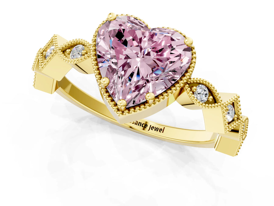 Yellow gold Fancy Pink Heart  Milgrain Marquise Diamond Twist Band Ring
