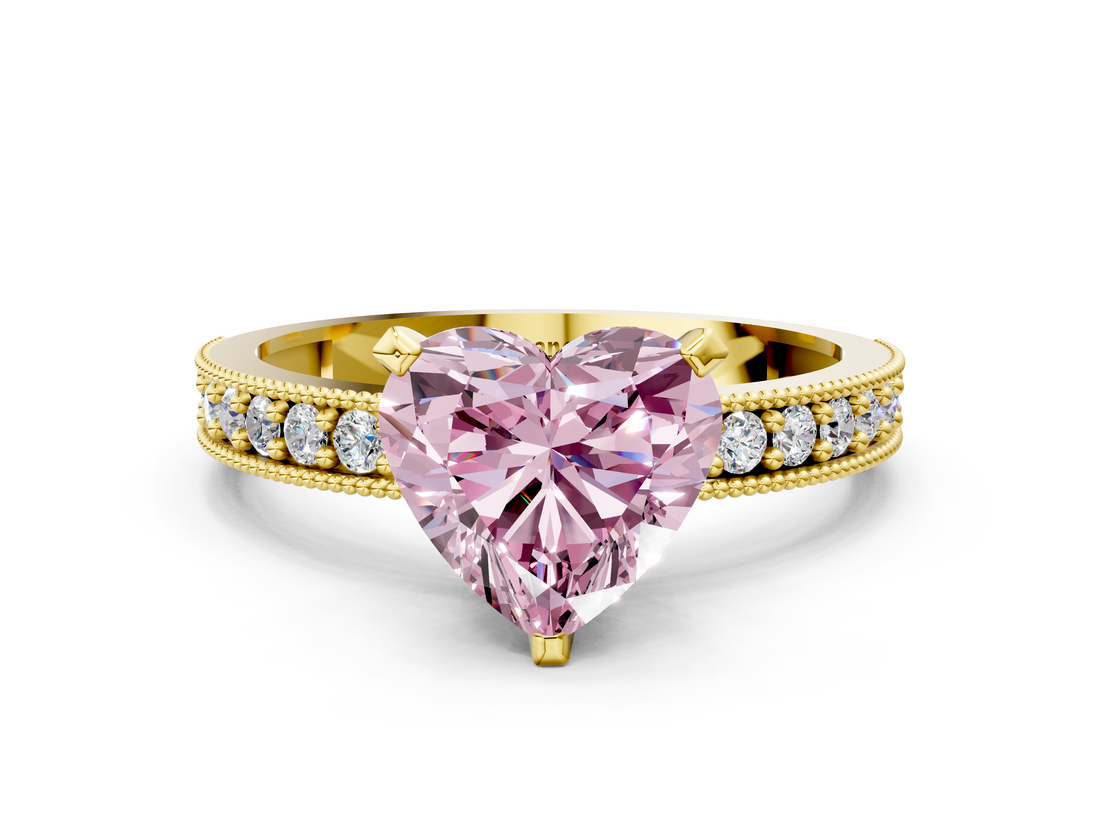 Yellow gold Fancy Pink Heart  Milgrain Pave Diamond Engagement Ring with Four-Prong Setting_147