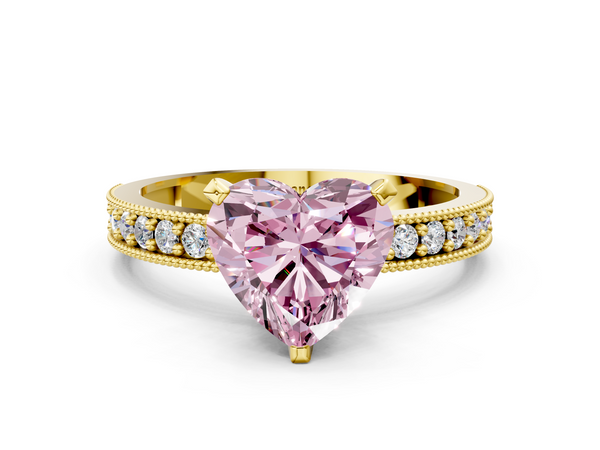Yellow gold Fancy Pink Heart Cut Diamond Milgrain Pavé Engagement Ring with Four-Prong Setting
