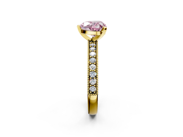 Yellow gold Fancy Pink Heart Cut Diamond Milgrain Pavé Engagement Ring with Four-Prong Setting