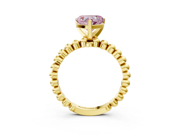 Yellow gold Fancy Pink Heart Cut Diamond Solitaire Ring with Beaded Band and Prong Setting