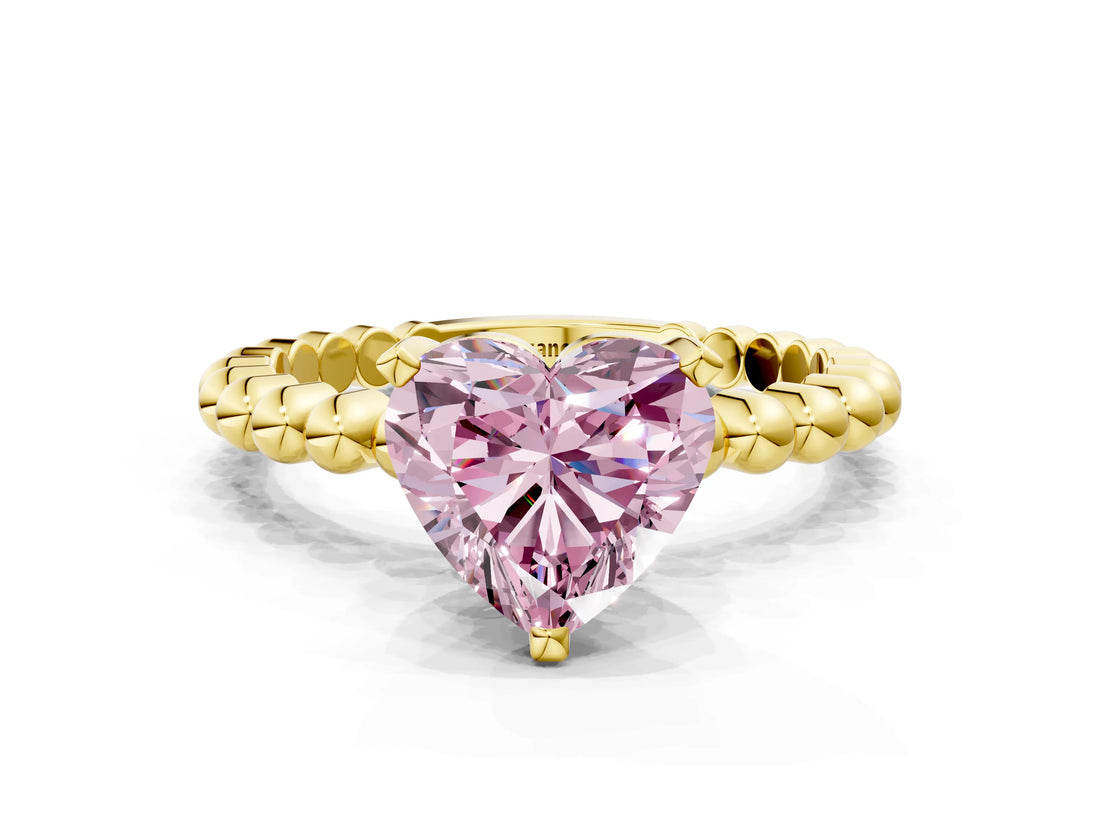 Yellow gold Fancy Pink Heart  Solitaire Beaded Band Prong Setting Ring