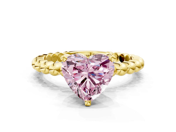 Yellow gold Fancy Pink Heart Cut Diamond Solitaire Ring with Beaded Band and Prong Setting