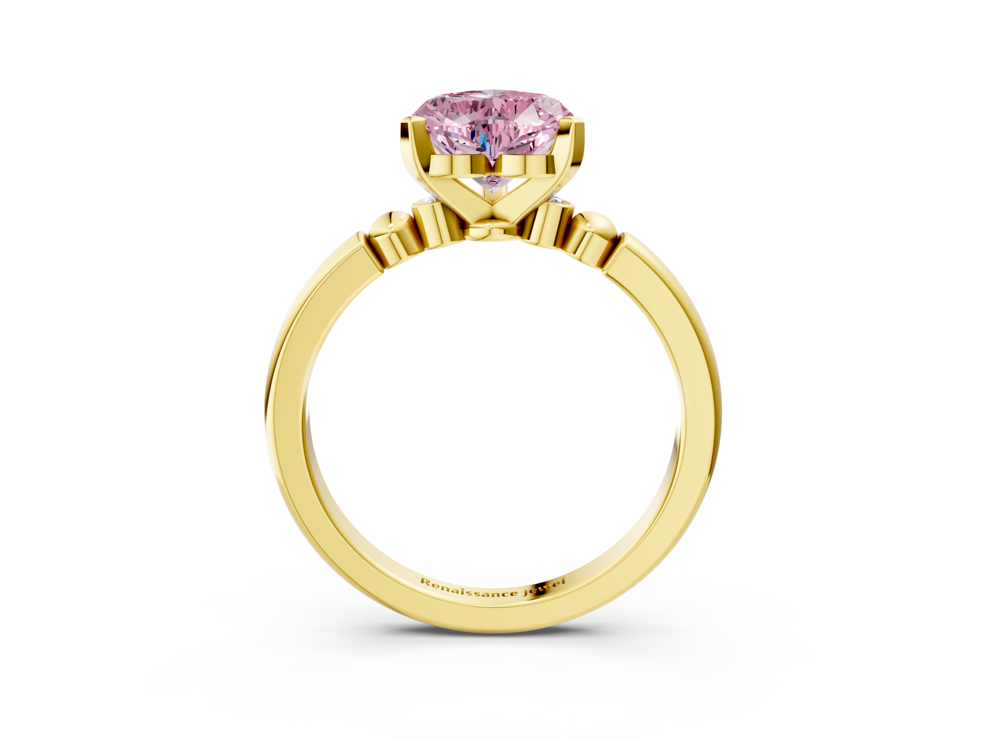 Yellow gold Fancy Pink Heart  Solitaire Beaded Band with Four-Prong Setting_61