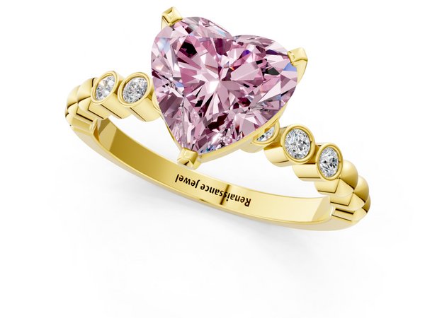 Yellow gold Fancy Pink Heart  Solitaire Bezel Accent Diamond Engagement Ring with Beaded Band and Four-Prong Setting