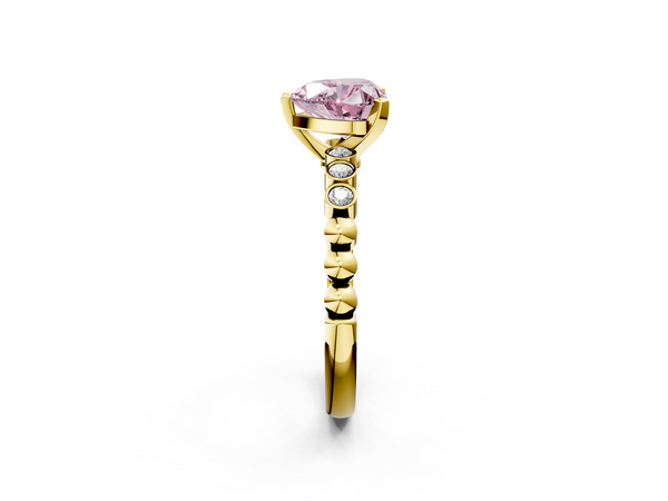 Yellow gold Fancy Pink Heart  Solitaire Bezel Accent Diamond Engagement Ring with Beaded Band and Four-Prong Setting
