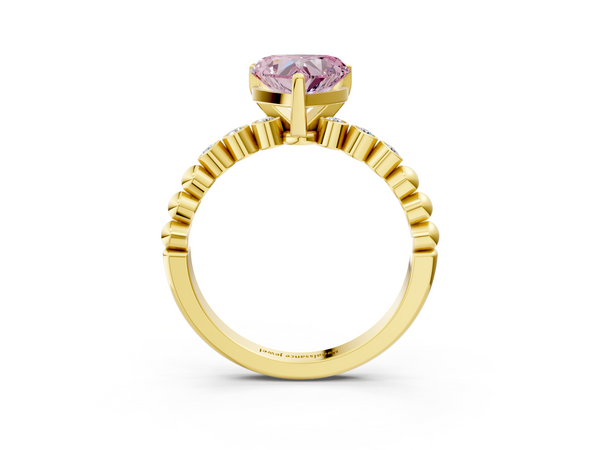 Yellow gold Fancy Pink Heart  Solitaire Bezel Accent Diamond Engagement Ring with Beaded Band and Four-Prong Setting