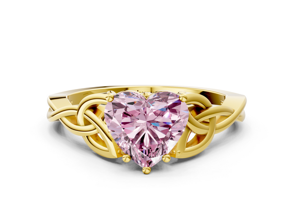 Yellow gold Fancy Pink Heart Cut Diamond Solitaire Engagement Ring with Celtic Knot Band and Four-Prong Setting