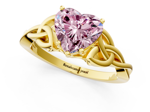 Yellow gold Fancy Pink Heart Cut Diamond Solitaire Engagement Ring with Celtic Knot Band and Four-Prong Setting