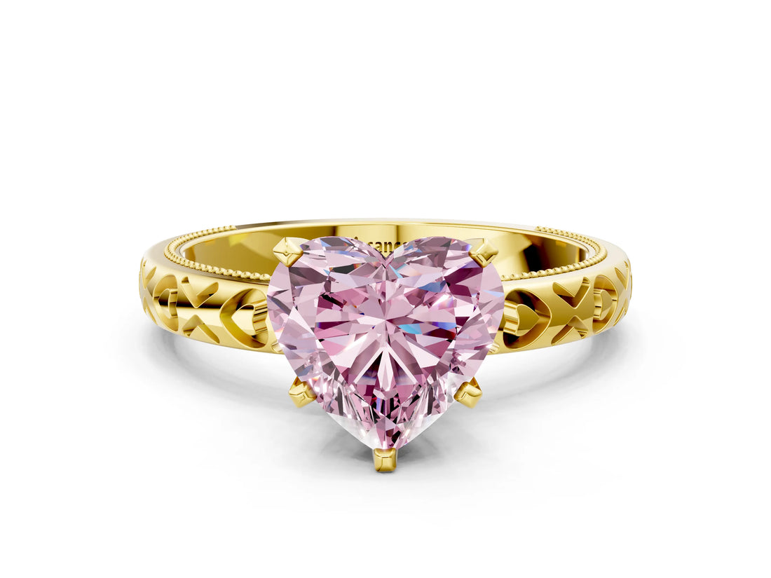 Yellow gold Fancy Pink Heart  Solitaire Diamond Engagement Ring with XO Engraved Band and Four-Prong Setting 1