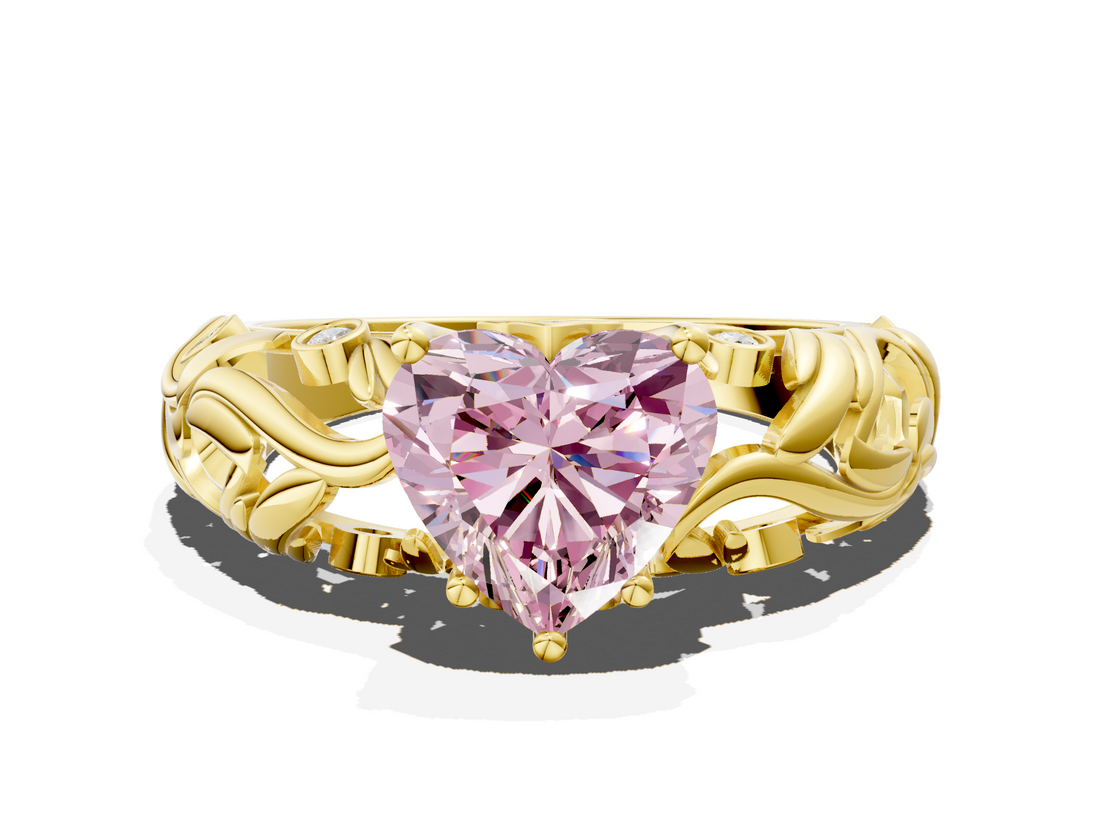 Yellow gold Fancy Pink Heart  Solitaire Diamond Leaf Vine Band with Prong Setting_28