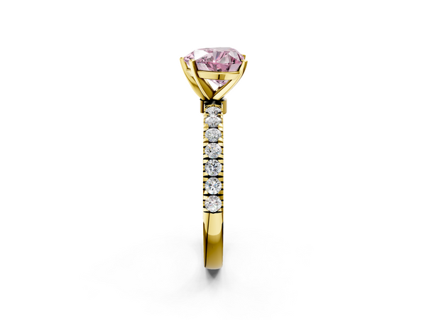 Yellow gold Fancy Pink Heart Cut Diamond Solitaire Ring with Pavé Accents and Four-Prong Setting