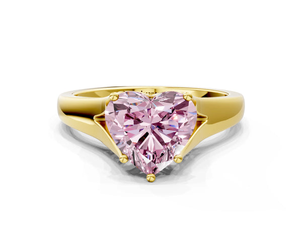 Yellow gold Fancy Pink Heart  Solitaire Diamond Ring with Cathedral Band and Four-Prong Setting