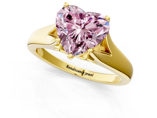 Yellow gold Fancy Pink Heart  Solitaire Diamond Ring with Cathedral Band and Four-Prong Setting
