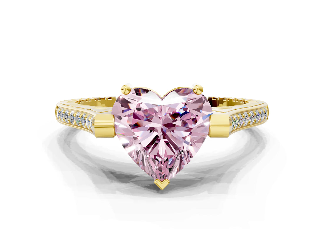 Yellow gold Fancy Pink Heart  Solitaire Diamond Ring with Channel Set Band and Bezel Prong Setting_56