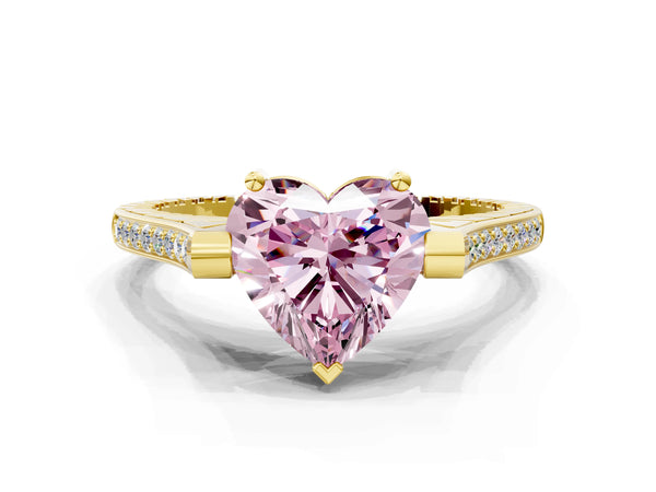 Yellow gold Fancy Pink Heart  Solitaire Diamond Ring with Channel Set Band and Bezel Prong Setting